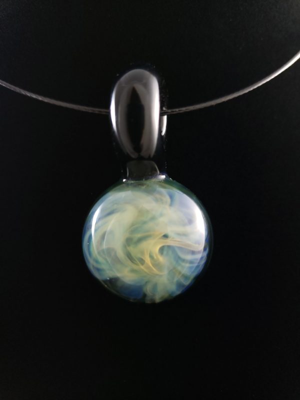 round blue and black glass pendant with silver fume galaxy