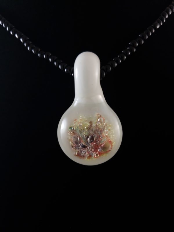 white round glass pendant with multicolored frit