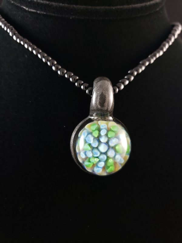 round green and blue glass flower implosion pendant