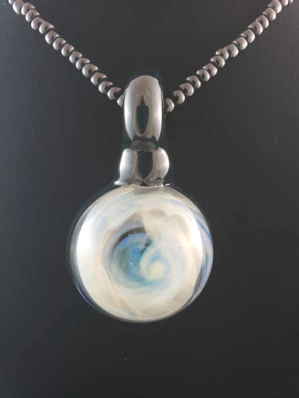 round blue black and white silver fume glass pendant clear chaos storm galaxy