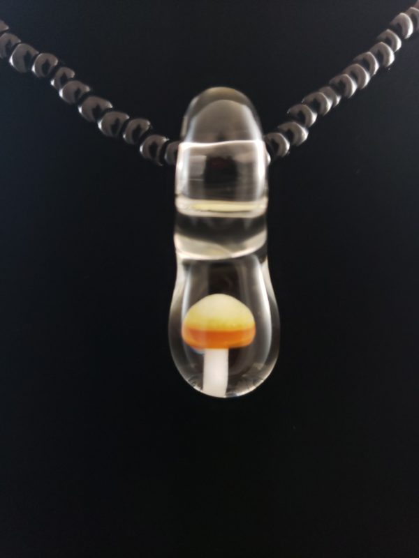 Natural and White Striped Cap with White Stem Mushroom Glass Pendant